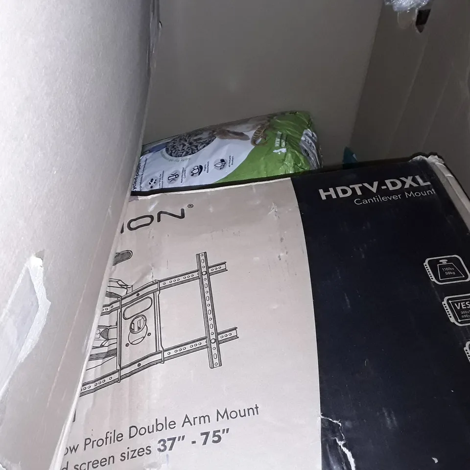 UNPROCESSED PALLET OF ASSORTED ITEMS TO INCLUDE BOXED DESKS, REALLY USEFUL BOX AND WALL MOUNT