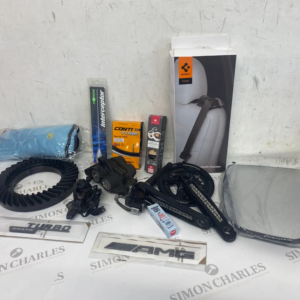 BOX OF ASSORTED ITEMS TO INCLUDE: SEATBELT HOLDER, CONTI-TUBE, CAR FRESHENER, CONTROLLER FLOAT, MIRROR ETC