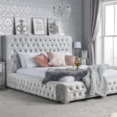BOXED 150CM GRANDE FABRIC BED STEEL CRUSHED VELVET (3 BOXES)