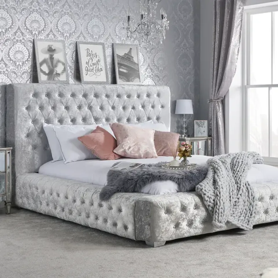 BOXED 150CM GRANDE FABRIC BED STEEL CRUSHED VELVET (3 BOXES)