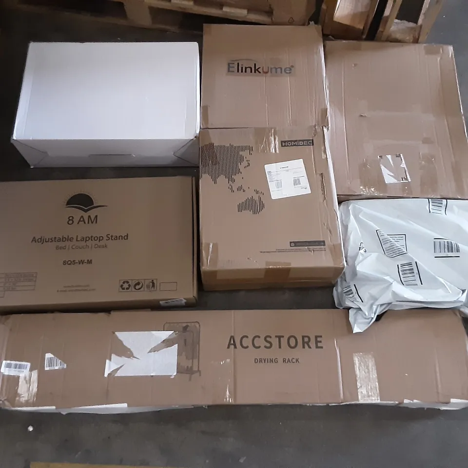 PALLET OF ASSORTED PRODUCTS INCLUDING STOREMIC TOILET SEAT, ACCSTORE DRYING RACK, 8AM ADJUSTABLE LAPTOP STAND, HOMIDEC, BIRD SCARER KITE ELINKUME 