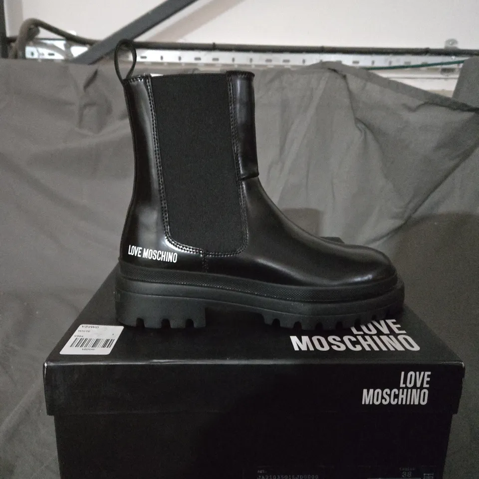 BOXED PAIR OF MOSCHINO LEATHER BOOTS - SIZE 38