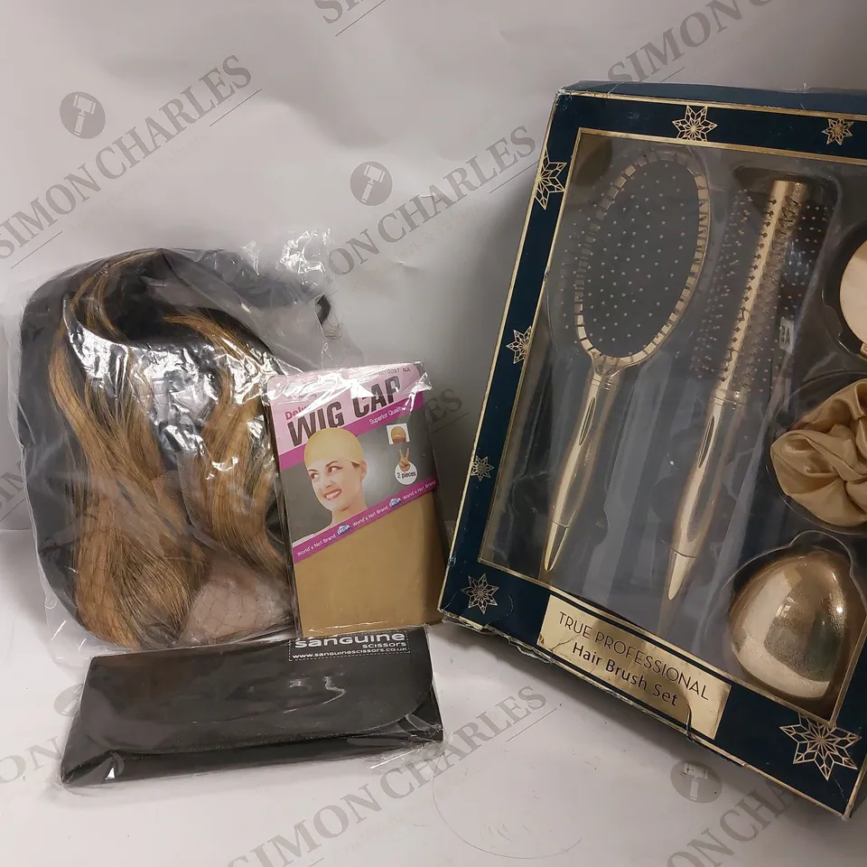BOX OF APPROX 5 ITEMS TO INCLUDE HAIR BRUSH SET, WIG CAP AND ASSORTED HAIR EXTENSIONS/WIGS