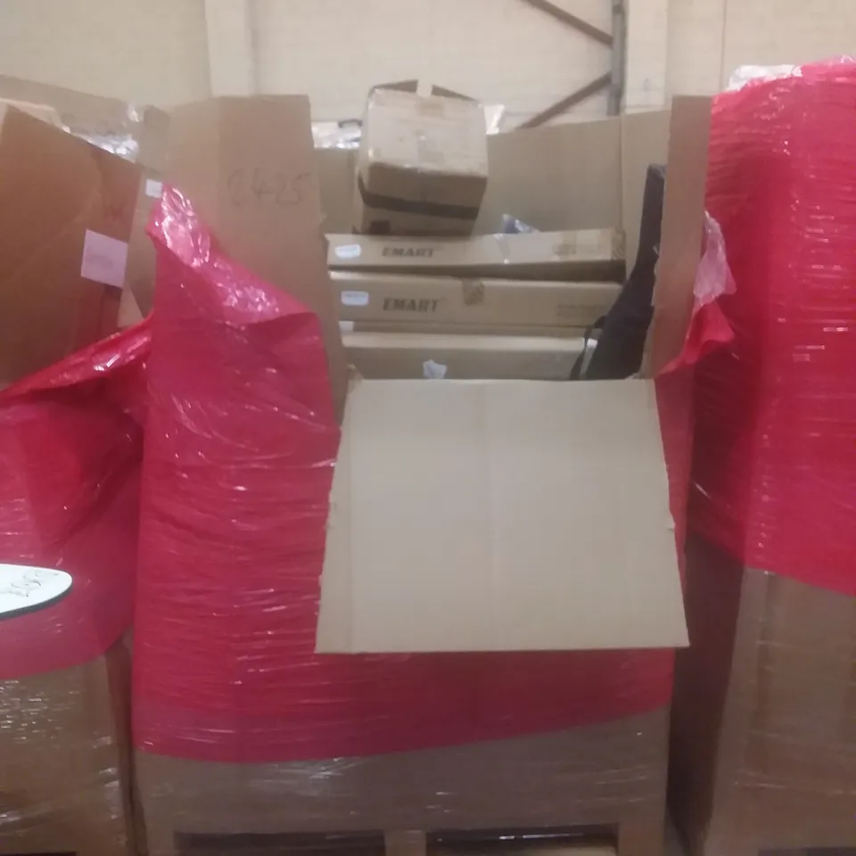 PALLET OF ASSORTED HOUSEHOLD PRODUCTS AND ITEMS, INCLUDING; KIDS BICYCLE, LAPTOP TRAY, PRINTER, BATHROOM MIRROR, BOXED FURNITURE ETC 