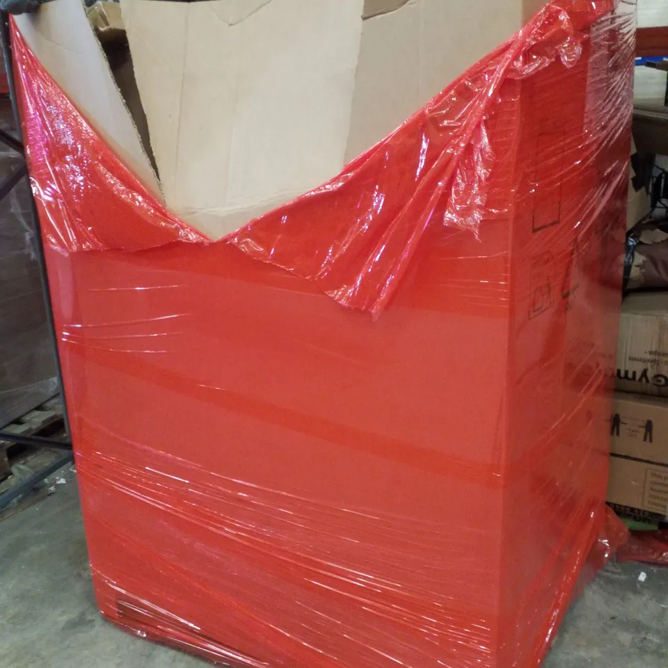 PALLET CONTAINING ASSORTED PRODUCTS INCLUDING OPTIMUM LITE BACK LIT PANEL, HALF BALANCE BALL, WALL CLOCK, EV CHARGER & RUG