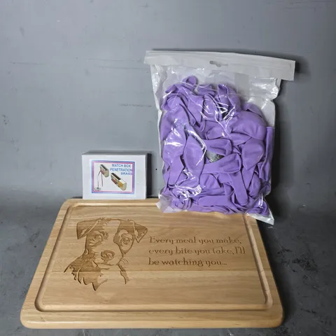 APPROXIMATELY 13 ASSORTED ITEMS TO INCLUDE - PURPLE BALLOONS , DOG CHOPPING BOARED  , MATCH BOX PENETRATION BRASS ETC