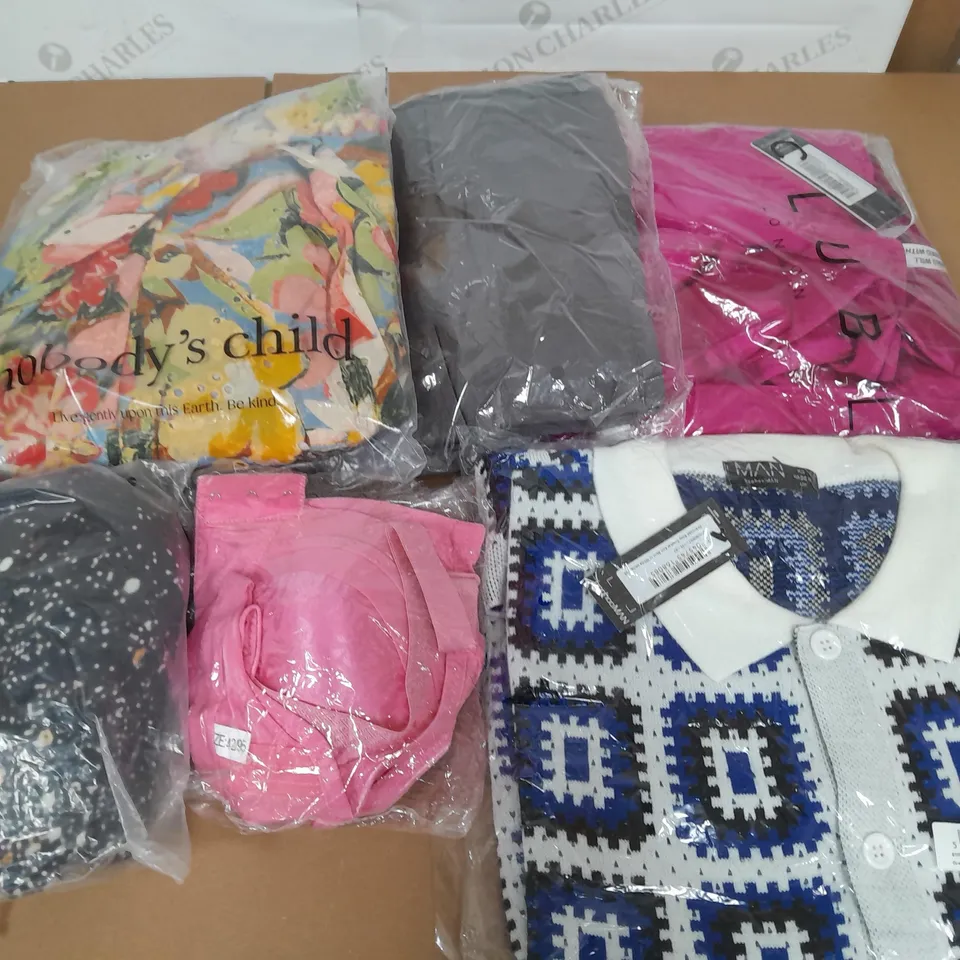 BOX OF APPROXIMATELY 20 CLOTHING ITEMS TO INCLUDE PINK BRA, NOBODYS CHILD DRESS, BLUE SHIRT ETC