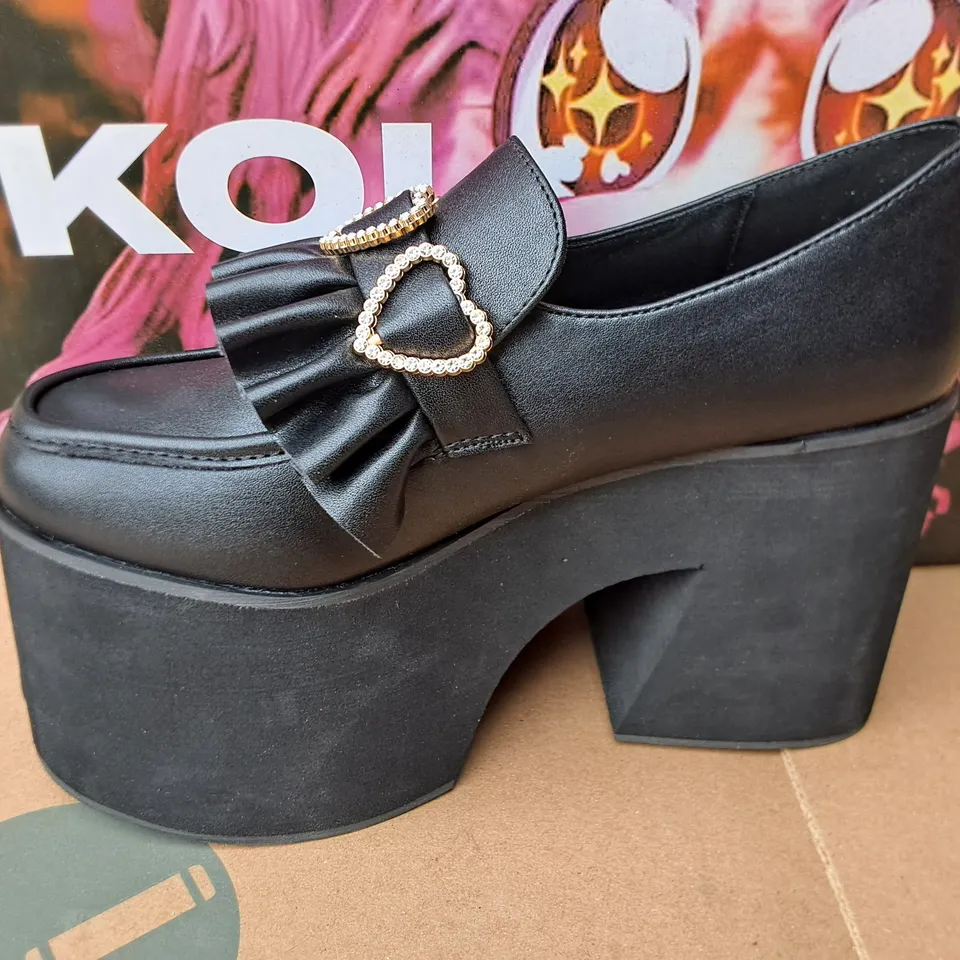 BRAND NEW BOXED KOI DARK DELIGHTS CHUNKY HEARTS SHOE IN BLACK- UK 4