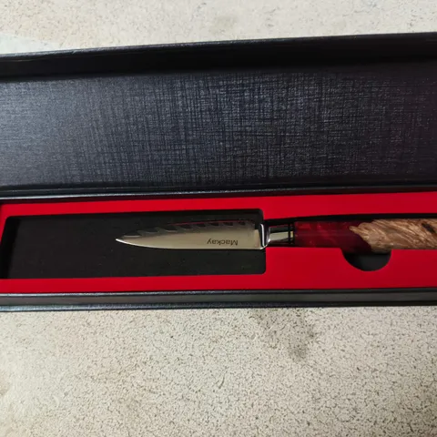 SAKUTO KNIFE WITH BURL WOOD HANDLE IN PRESENTATION BOX 