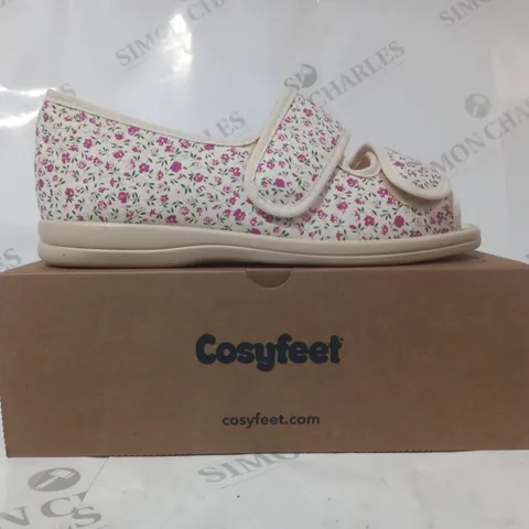 BOXED PAIR OF COSYFEET SHOES IN BEIGE/PINK FLORAL UK SIZE 7