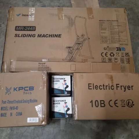 PALLET CONTAINING ASSORTED PRODUCTS INCLUDING SLIDING MACHINE, CHAIR MAT, ELECTRIC FRYER, RESISTANCE BANDS & SEWING MACHINE