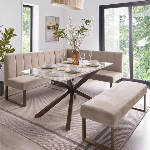 BOXED VALETTA VELVET 160cm CORNER DINING TABLE & BENCH DINING SET - MINK/BRONZE (4 BOXES)
