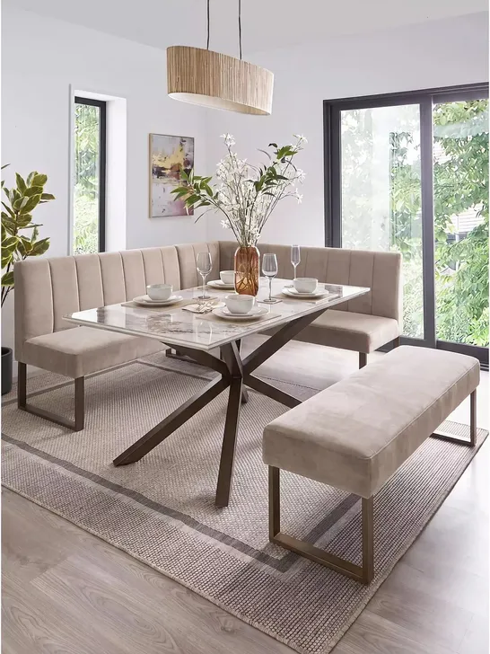 Lot 239: BOXED VALETTA VELVET 160cm CORNER DINING TABLE & BENCH DINING ...