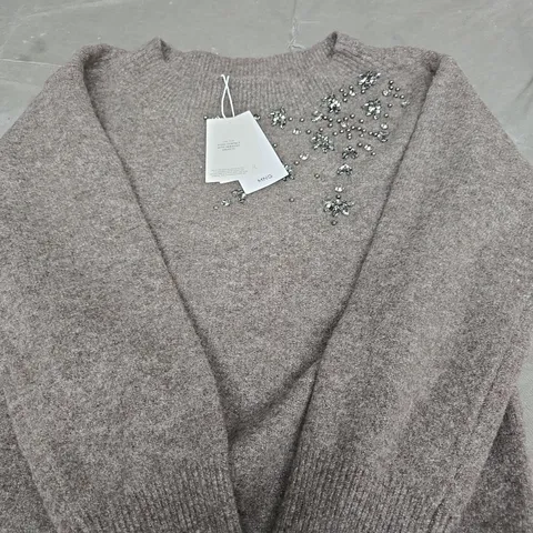 MANGO KNIT JUMPER WITH CRYSTAL EMBELLISHMENT – TAUPE SIZE S