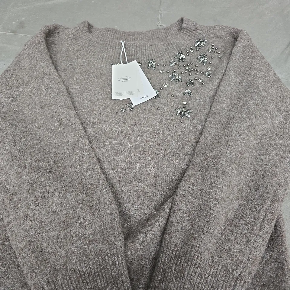 MANGO KNIT JUMPER WITH CRYSTAL EMBELLISHMENT – TAUPE SIZE S