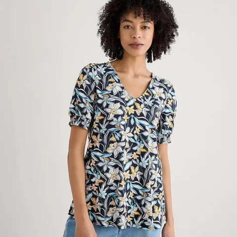 SEASALT CORNWALL SHORT SLEEVE FLORAL PRINT TOP SIZE 14 BLUE MULTI