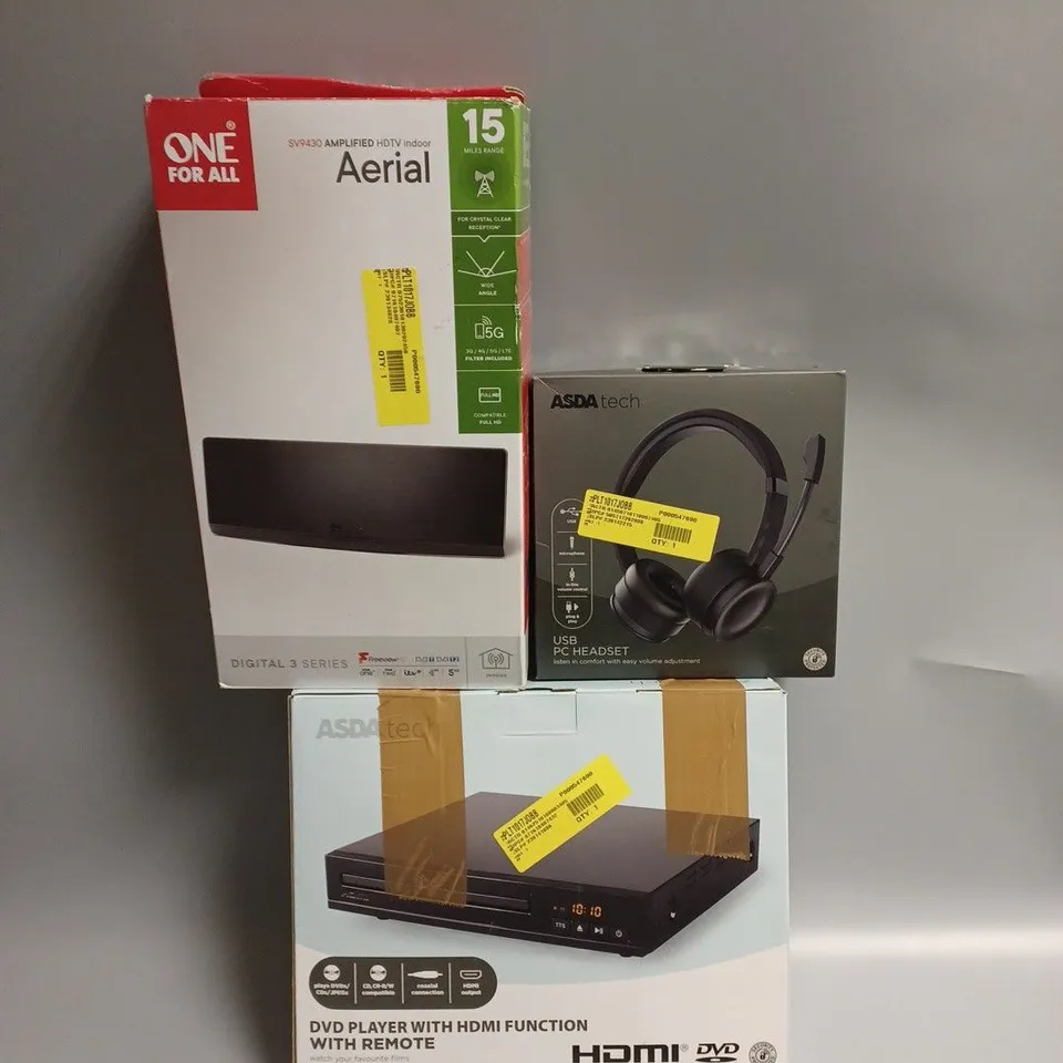 APPROXIMATELY 20 ASSORTED PRODUCTS TO INCLUDE DVD PLAYER, AMPLIFIED INDOOR AERIAL, PC HEADSET