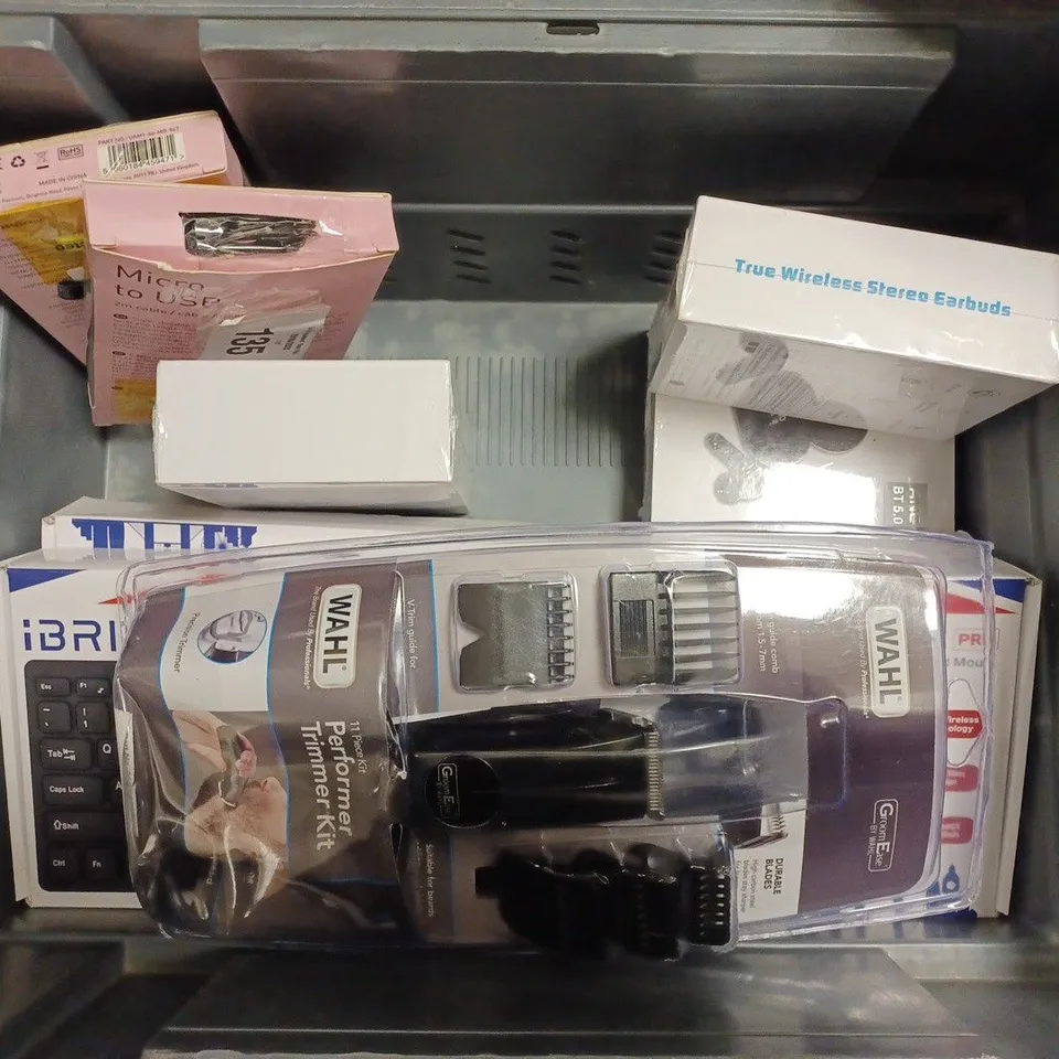 LOT OF APPROXIMATELY 7 ASSORTED ITEMS TO INCLUDE -WAHL PERFORMER TRIMMER KIT - TRUE WIRELESS STEREO EARBUDS - MIXX MICRO TO USB ECT