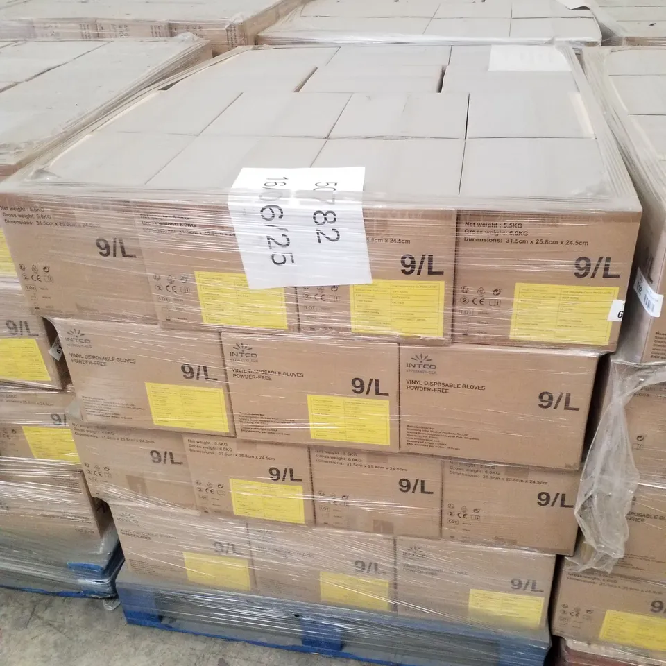PALLET OF APPROXIMATELY 56 INTCO VINYL DISPOSABLE GLOVES 100PK BOXES - LARGE