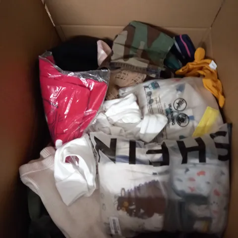 LARGE BOX OF ASSORTED KIDS CLOTHING ITEMS TO INCLUDE BAGS, BABY GROWS AND DRESSES