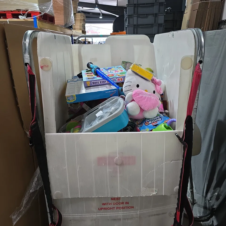 CAGE CONTAINING A LARGE QUANTITY OF KIDS TOYS AND GAMES TO INCLUDE BEST EVER DOUGH ART, KIDS KITCHEN SINK AND DISHES SET, H2O GO! DOUBLE SLIDE, HAPELLO MAGNETIC ANIMAL ALPHABET, HELLO KITTY PLUSH TOY 