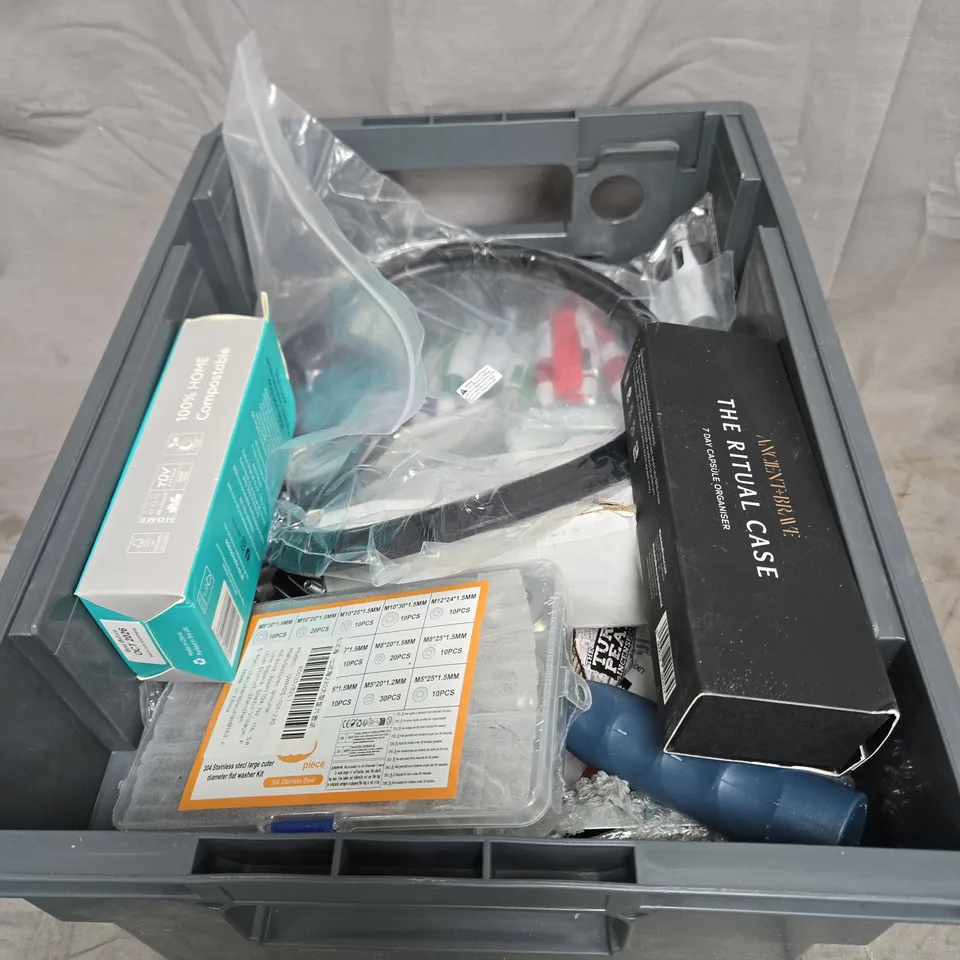 APPROXIMATELY 15 ASSORTED HOUSEHOLD ITEMS TO INCLUDE CAPSULE ORGANISER, DOG POO BAGS, PEN, FLAT WASHER KIT ETC