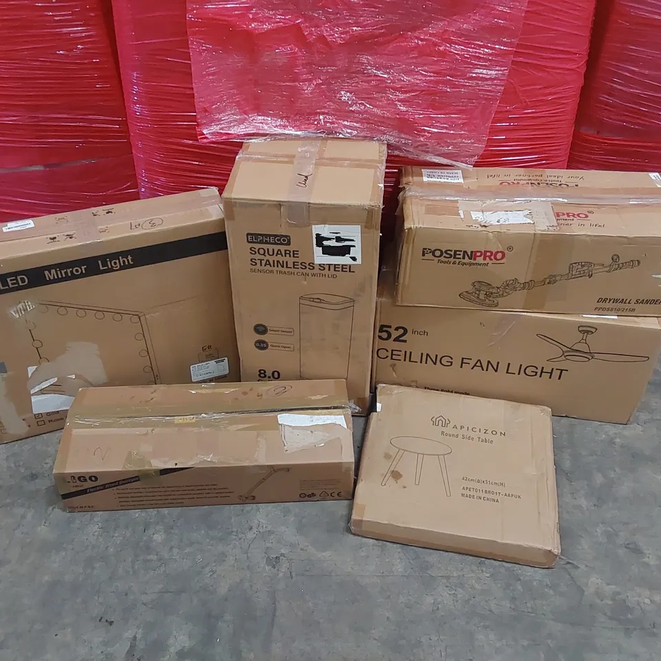 PALLET OF ASSORTED CONSUMER PRODUCTS TO INCLUDE: CEILING FAN LIGHT, ROUND SIDE TABLE, DRYWALL SANDER, ELECTRIC WEED SWEEPER, STAINLESS STEEL SENSOR BIN, LED MIRROR LIGHT ECT