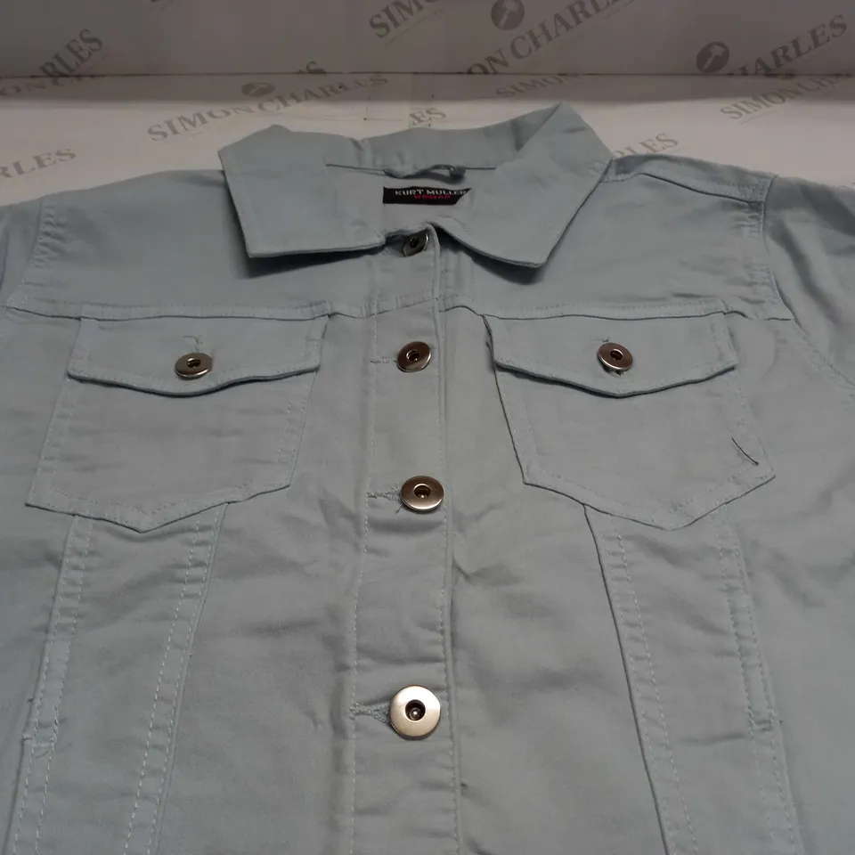 KURT MULLER WOMAN CROP FAUX DENIM JACKET IN BABY BLUE - UK 10