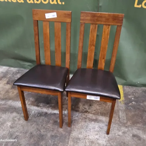 PAIR OF STAINED WOOD DINING CHAIRS DARK BROWN PU SEAT PADS