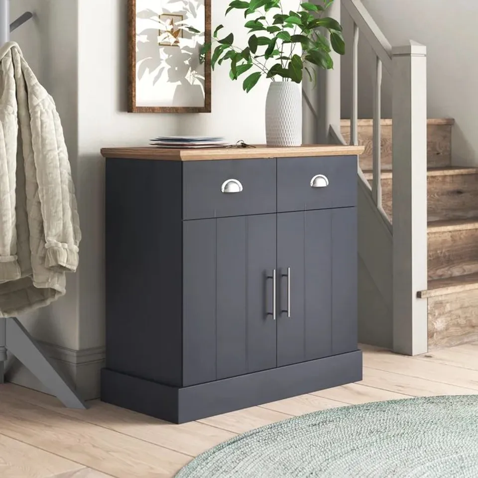 BOXED BRIELLE 79cm WIDE 2 DRAWER SIDEBOARD IN SLATE BLUE (2 BOXES)