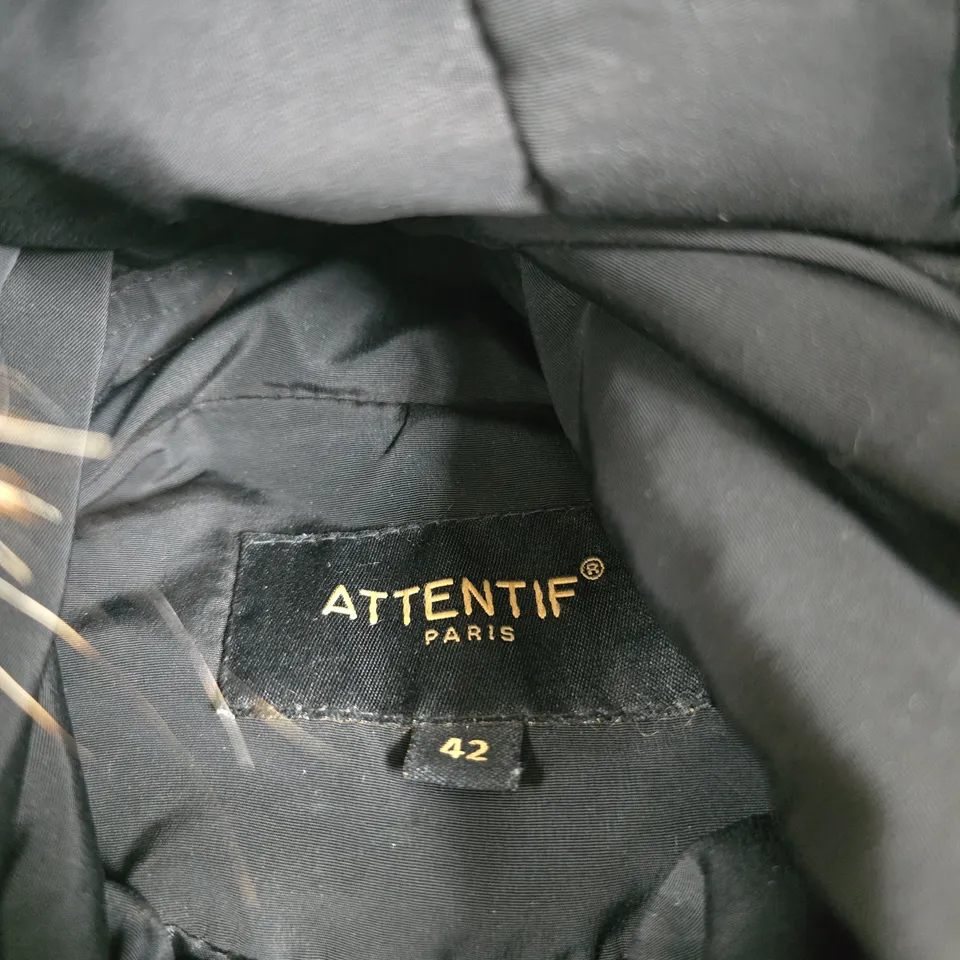 ATTENTIF PARIS BLACK WOMEN’S COAT, HOODED WITH FUR TRIM, SIZE UK 12 (EU 42)