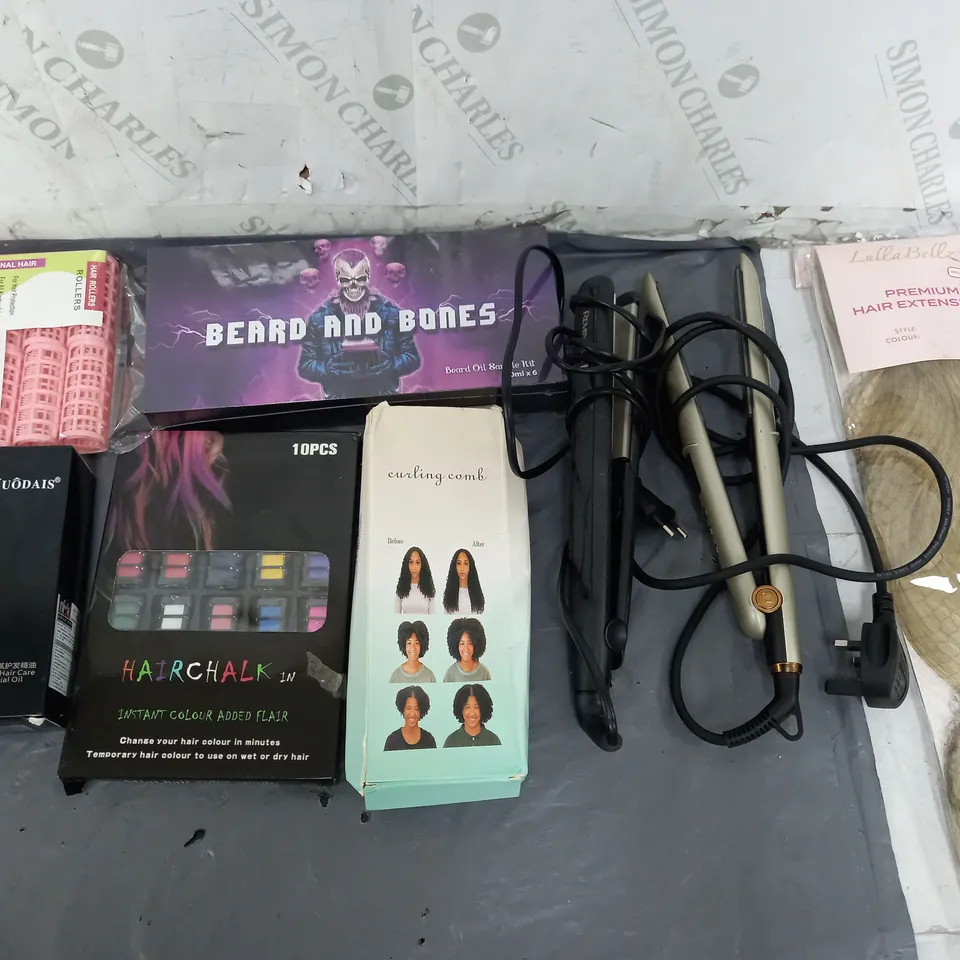 BOX OF APPROXIMATELY 12 ASSORTED COSMETIC ITEMS TO INCLUDE - REMINGTON STRAIGHTENERS - HAIR ROLLERS - PREMIUM HAIR EXTENSIONS ETC.