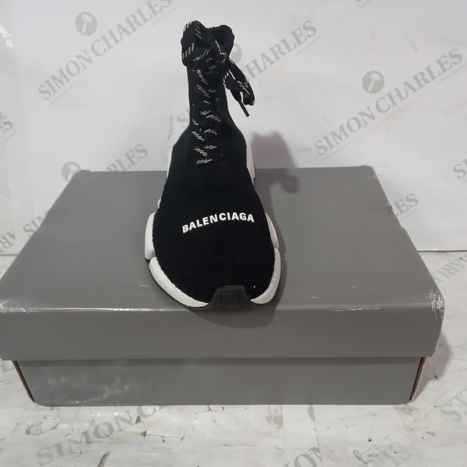 BOXED PAIR OF BALENCIAGA LACE UP KNIT SHOES IN BLACK UK SIZE 5