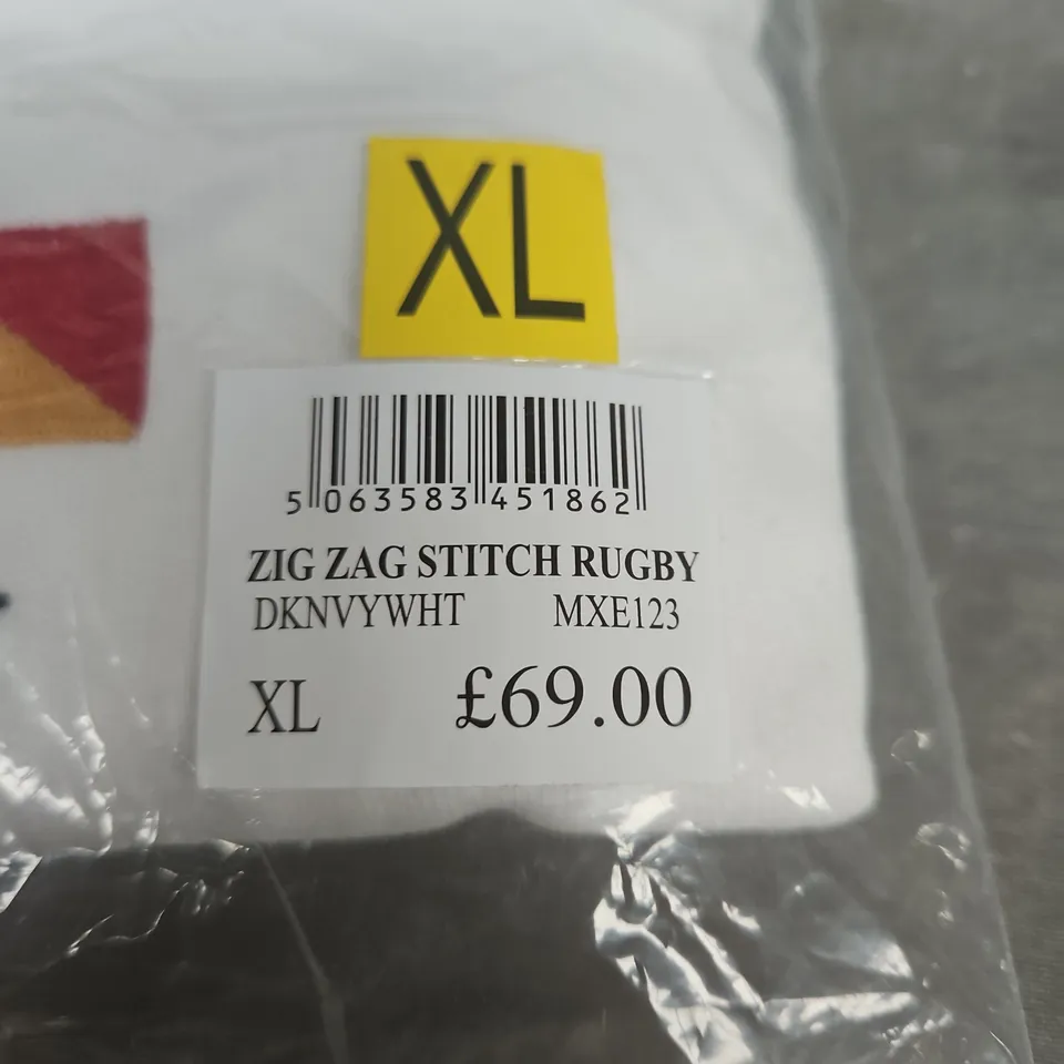 CREW CLOTHING COMPANY ZIG ZAG STITCH RUGBY SHIRT – NAVY & WHITE, UK XL