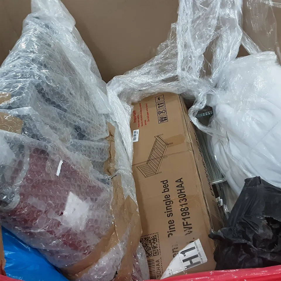 PALLET OF ASSORTED PRODUCTS TO INCLUDE ROBO ROBOT HAND, ENYHORN CARPET RUNNER, SOFIA SMALL DOUBLE, HOMIDEC CLOTHES RACK, WOLFWISE, SINGLE BED FRAME  