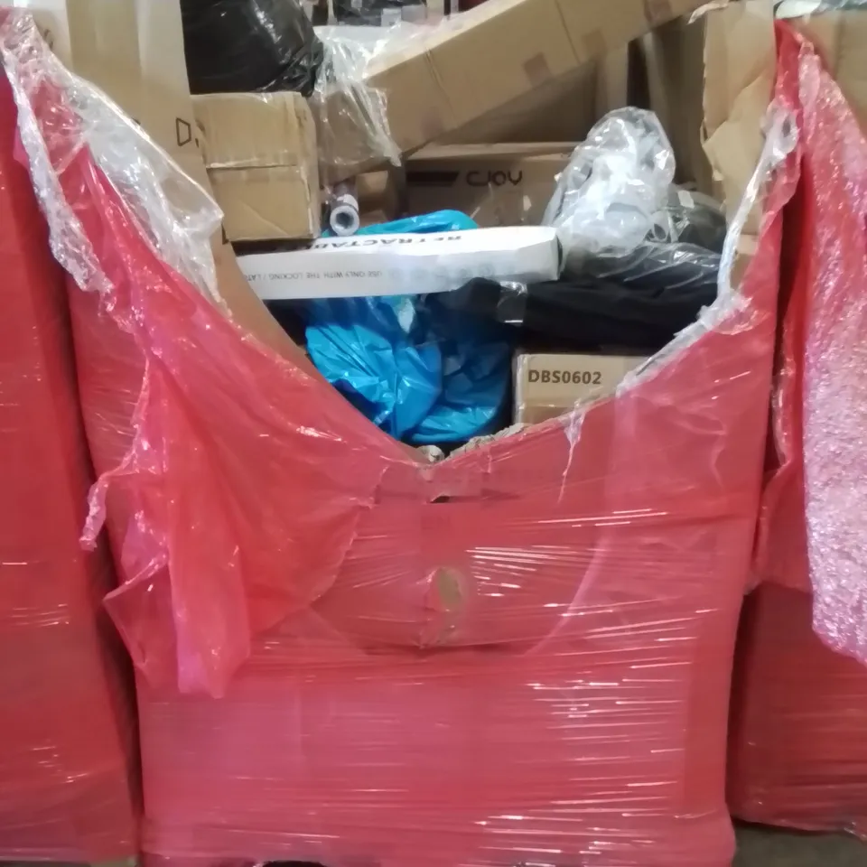 PALLET CONTAINING VARIOUS ASSORTED BOXED HOUSEHOLD ITEMS TO INCLUDE: RETRACTABLE SAFETY GATE, CEILING FAN LIGHT, MAKEUP BOX, CRAFT VINYL AND LOTS MORE UNMARKED BOXED ITEMS 