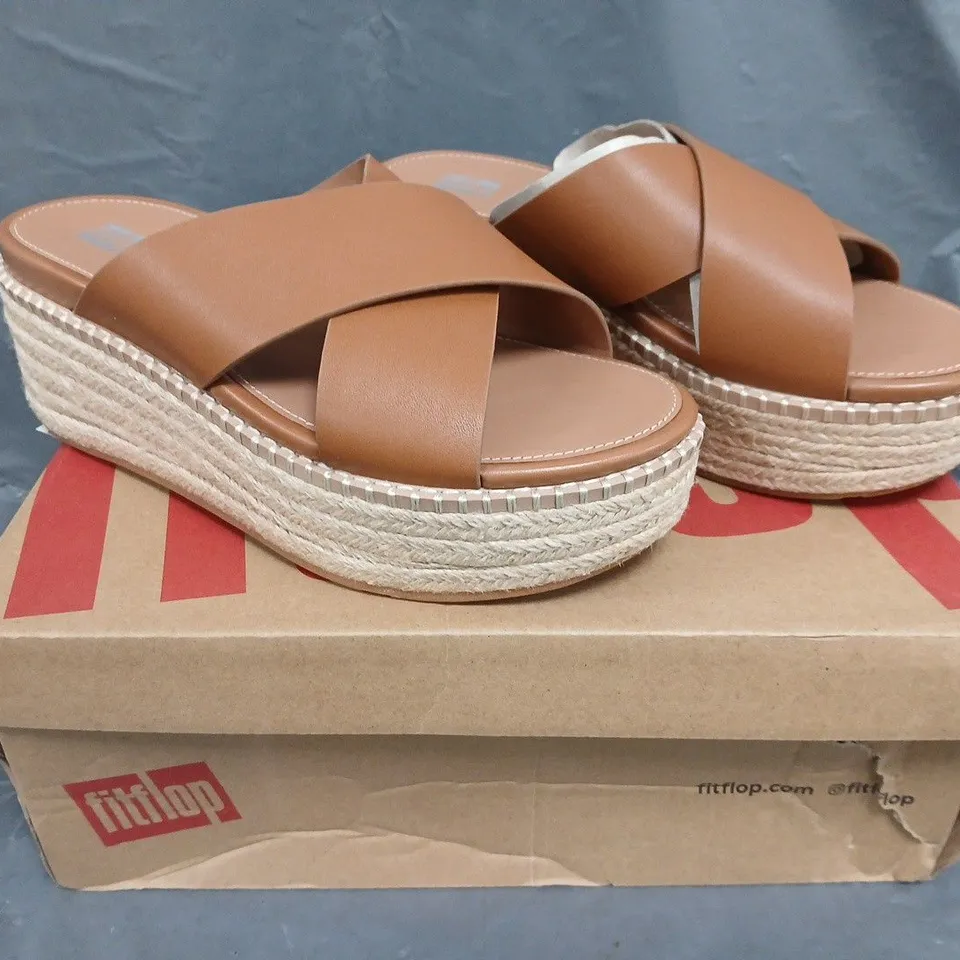 BOXED PAIR OF FITFLOP ELOISE ESPADRILLE LEATHER WEDGE CROSS SLIDES IN TAN SIZE UK 4