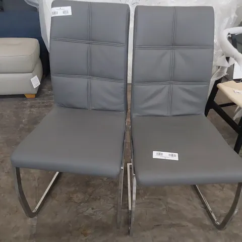 PAIR DESIGNER UPHOLSTERED DINING CHAIRS GREY PU ON CHROME FRAME