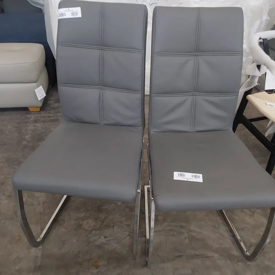 PAIR DESIGNER UPHOLSTERED DINING CHAIRS GREY PU ON CHROME FRAME