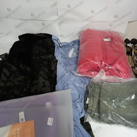 LARGE BOX OF ASSORTED CLOTHING ITEMS IN VARIOUS COLOURS AND SIZES INCLUDING TROUSERS , TOPS AND JUMPERS