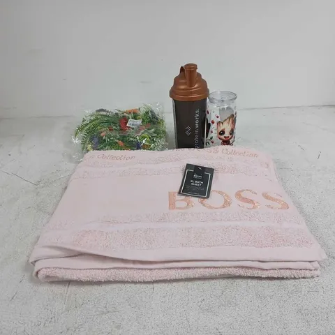 BOX OF APPROXIMATELY 20 ASSORTED ITEMS TO INCLUDE THE BOSS COLLECTION PINK TOWEL, PROTEIN WORKS WATER BOTLLE, BABY GROOT BOTTLE, FLOWER GARLAND ETC