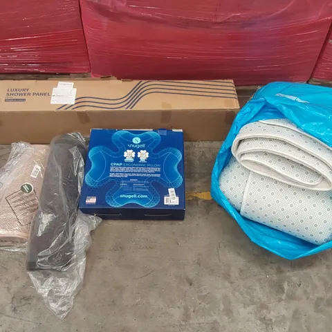 PALLET OF ASSORTED ITEMS INCLUDING: LUXURY SHOWER PANEL, CPAP ERGONOMIC PILLOW, LARGE RUG, RUGS/MATS ECT
