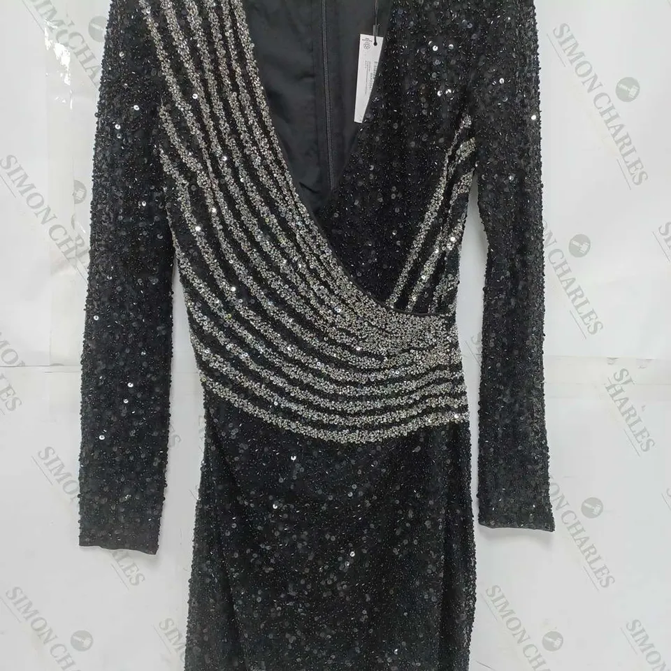 KAREN MILLEN CRYSTAL EMBELLISHED DRAPED FRONT MINI DRESS IN BLACK - SIZE 8