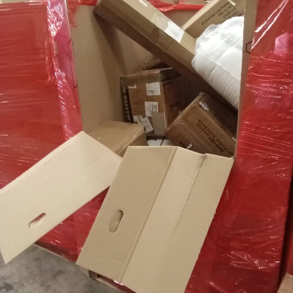 PALLET OF ASSORTED HOUSEHOLD GOODS AND PRODUCTS TO INCLUDE; FAN, COFFEE MACHINE, COMPUTER MONITORS, PAINT SPRAYER ETC