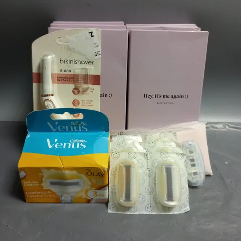 LOT OF APPROX 10 ASSORTED HEALTH AND BEAUTY ITEMS TO INCLUDE BIKINI SHAVER, ESTRID REPLACEMENT RAZER CARTRIDGES, VENUS PLUS OLAY CARTRIDGE, ETC.