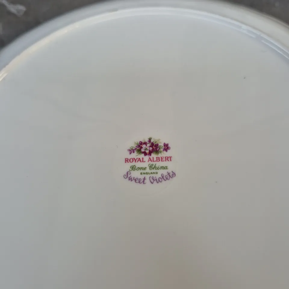 ROYAL ALBERT SWEET VIOLET BONE CHINA TEA SET – TEAPOT, CREAMER, SUGAR, CUPS & SAUCERS, PLATE