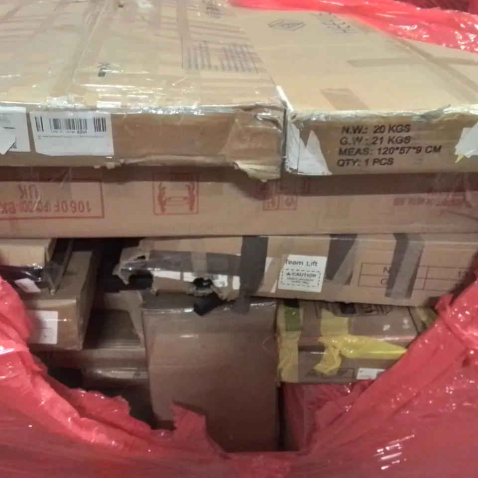 PALLET CONTAINING VARIOUS ASSORTED BOXED HOUSEHOLD ITEMS TO INCLUDE: L SHAPED DESK, WORKSTATION, SIDE TABLE AND LOTS MORE UNMARKED BOXED ITEMS 