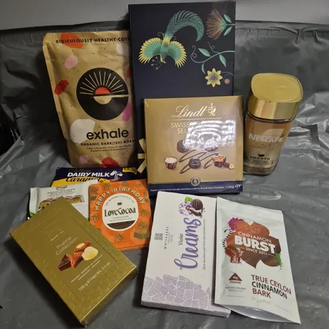 APPROXIMATELY 15 ASSORTED FOOD AND DRINK PRODUCTS TO INCLUDE - LINDT CHOCOLATE SELECTION - NESCAFE GOLD - CADBURY DAIRY MILK CARAMEL - ETC - COLLECTION ONLY