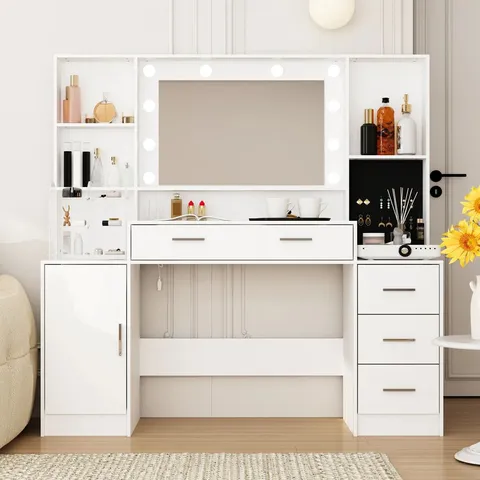 BOXED VANITY DESK WITH MIRROR AND LIGHTS, MAKEUP DESK WITH JEWELLERY ORGANIZER (2 BOXES)
