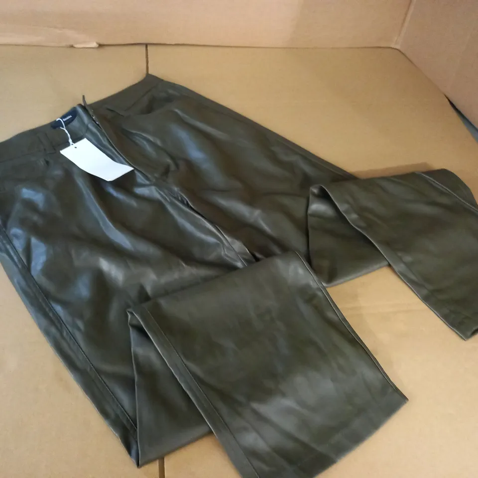BERSHKA DARK OLIVE PU WIDE TROUSERS - UK 32